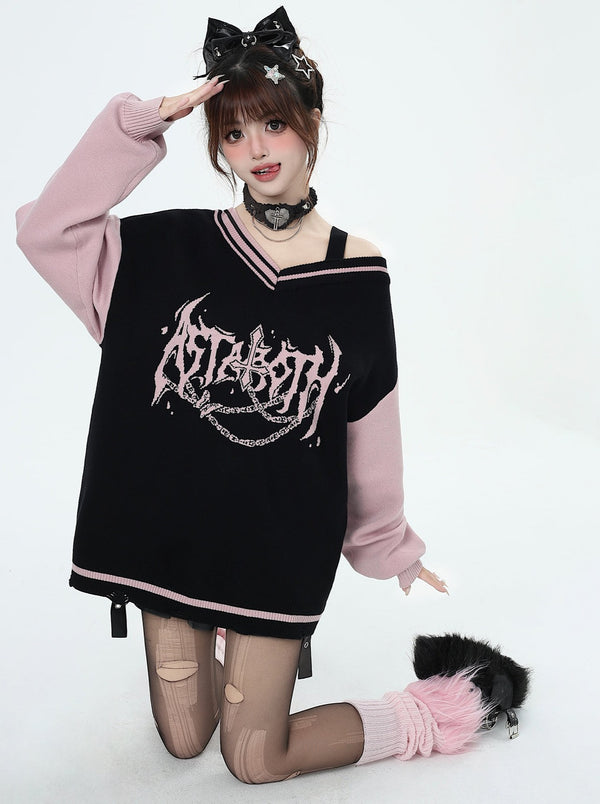 Millennium Sweet Cool Black Pink V-neck Top