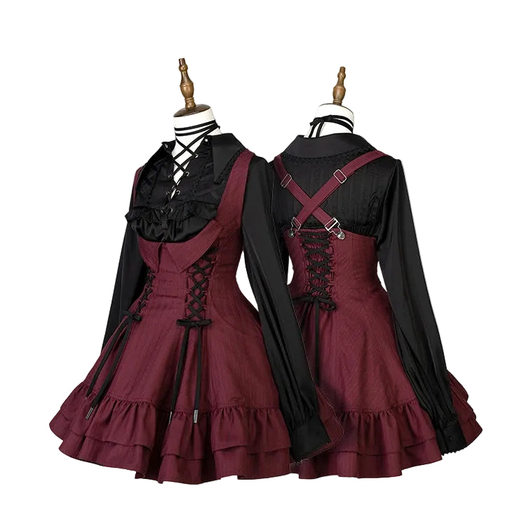 【12月29日予約締切】ゴシックロリータダークカラーストライプバッククロスフリルサスドレス