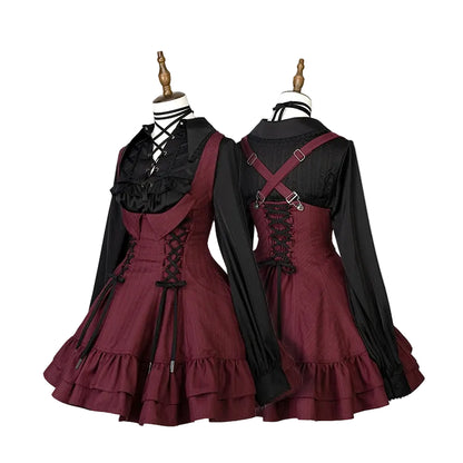 【12月29日予約締切】ゴシックロリータダークカラーストライプバッククロスフリルサスドレス