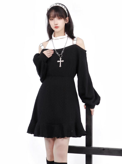 Cross Gothic Black Knitted Top Skirt + Black White Off Shoulder Dress Set Up