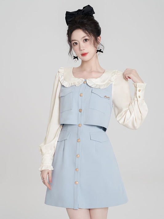 フレンチプレッピースタイルフリルドールカラーパステルフェイクツーピースワンピース