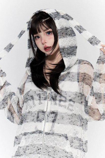 シアーボーダーラビットフードパーカー+ナンバーロゴタンクトップ