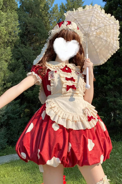 キノコドールワンピース+リボンフリルエプロン+フリルスリーブ+うさ耳ハット