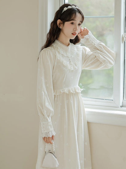 Milk Ruffle Flared Long Dress + Garden Cardigan