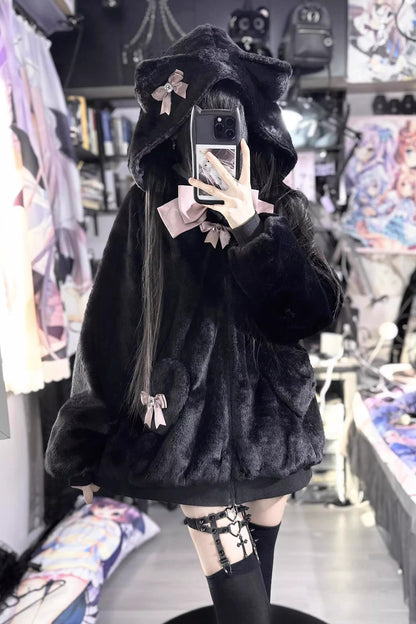 [Reserved product] Cat ear hoody suite ribon plash coat