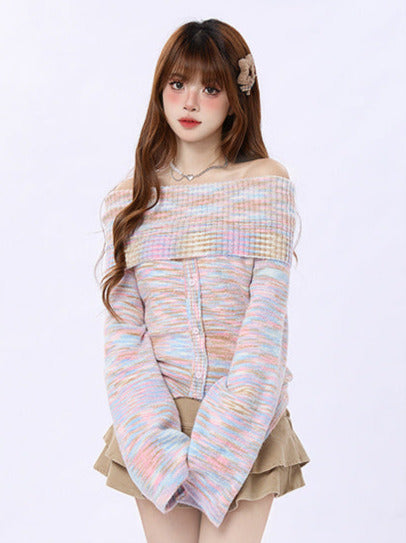 Pure Dzire Rainbow Stripe Off-the-shoulder Knit