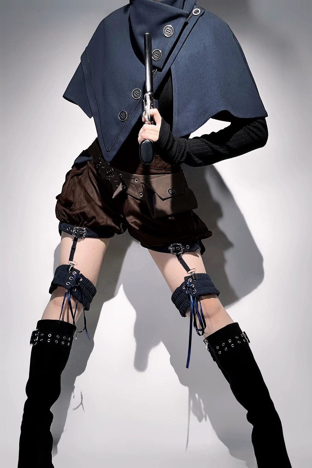 【10月6日予約締切】Dark Navy X Brown Prince Lolita Asymmetrical Cape + Black Knit Top + Leg Ring Shorts + Belt With Pockets + Scarf Ouji Fashion