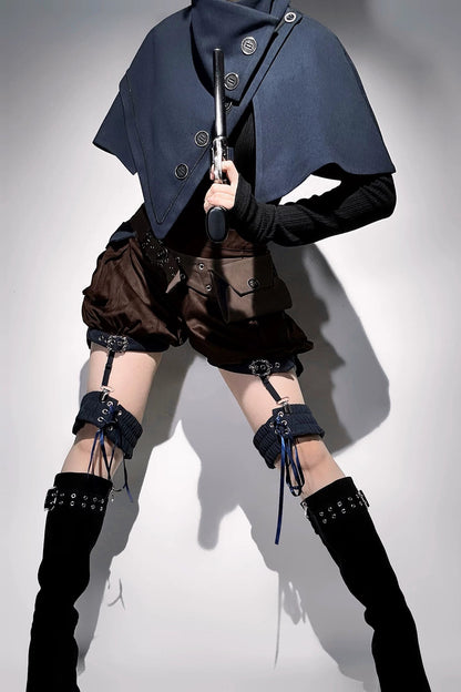 【10月6日予約締切】Dark Navy X Brown Prince Lolita Asymmetrical Cape + Black Knit Top + Leg Ring Shorts + Belt With Pockets + Scarf Ouji Fashion