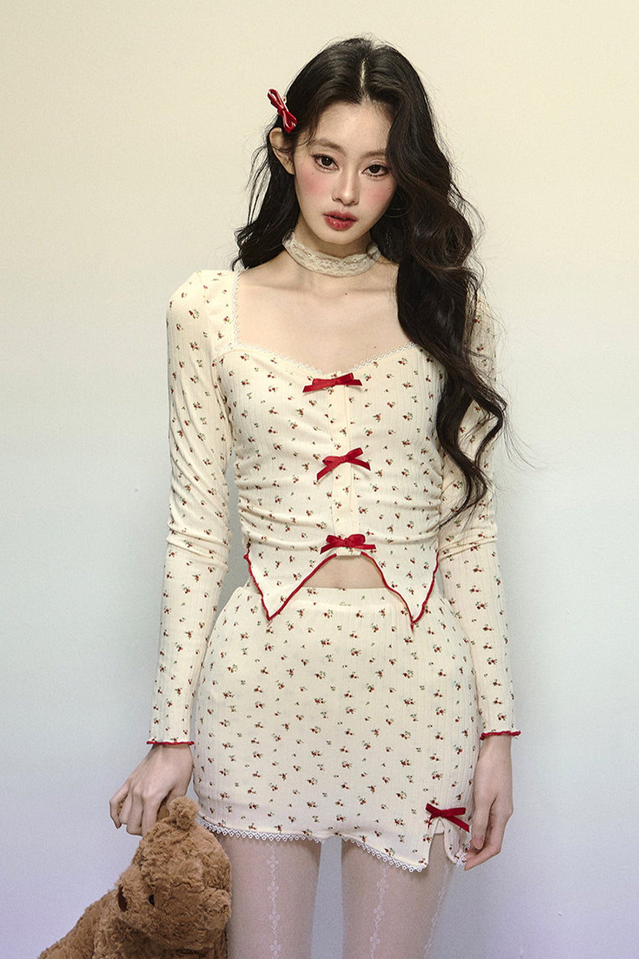 Cherry Red Flower Ribbon Top + Mini Skirt