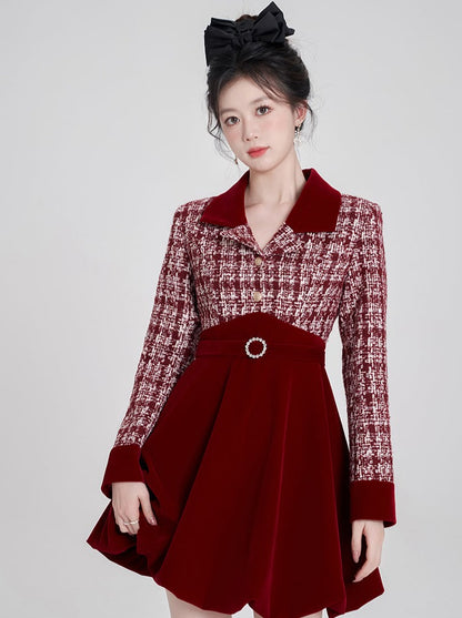 French V-Neck Ribbon Tweed Dress