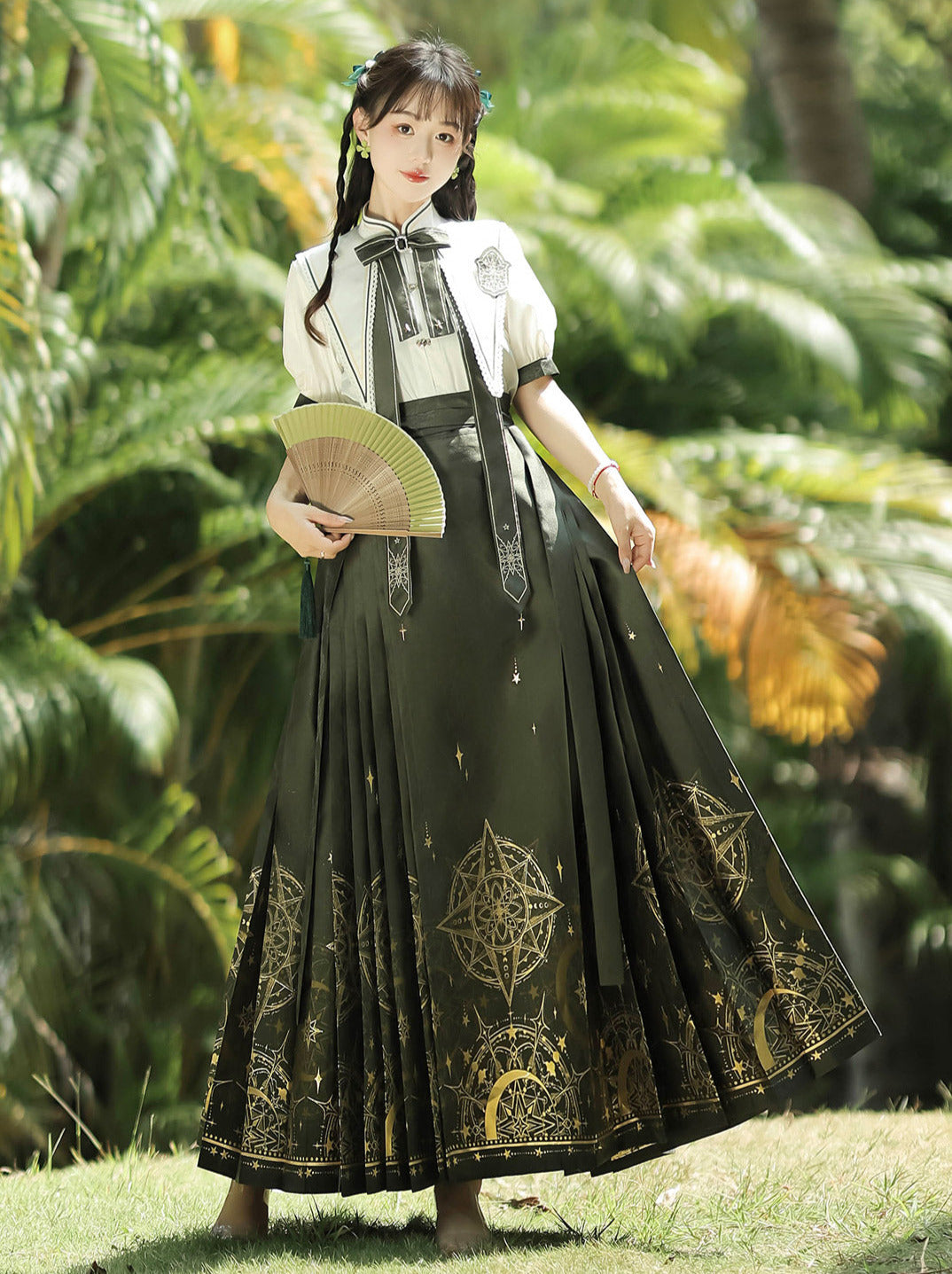 Magic Time and Space China Pointed Collar Ribbon Shirt + Long Skirt