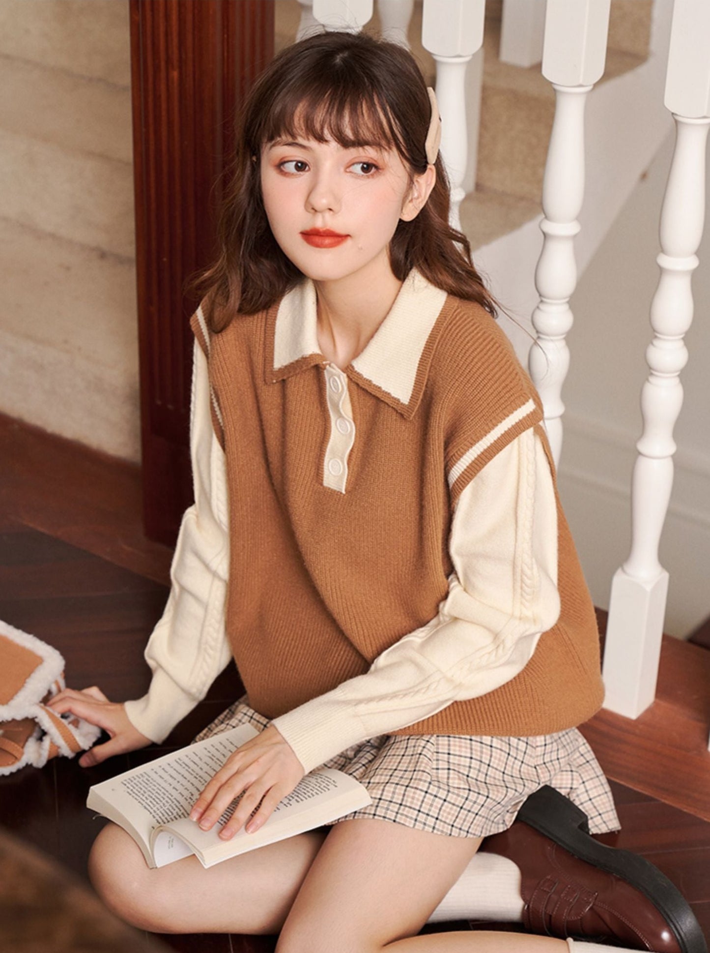 Polo collar faux two-piece knit sweater