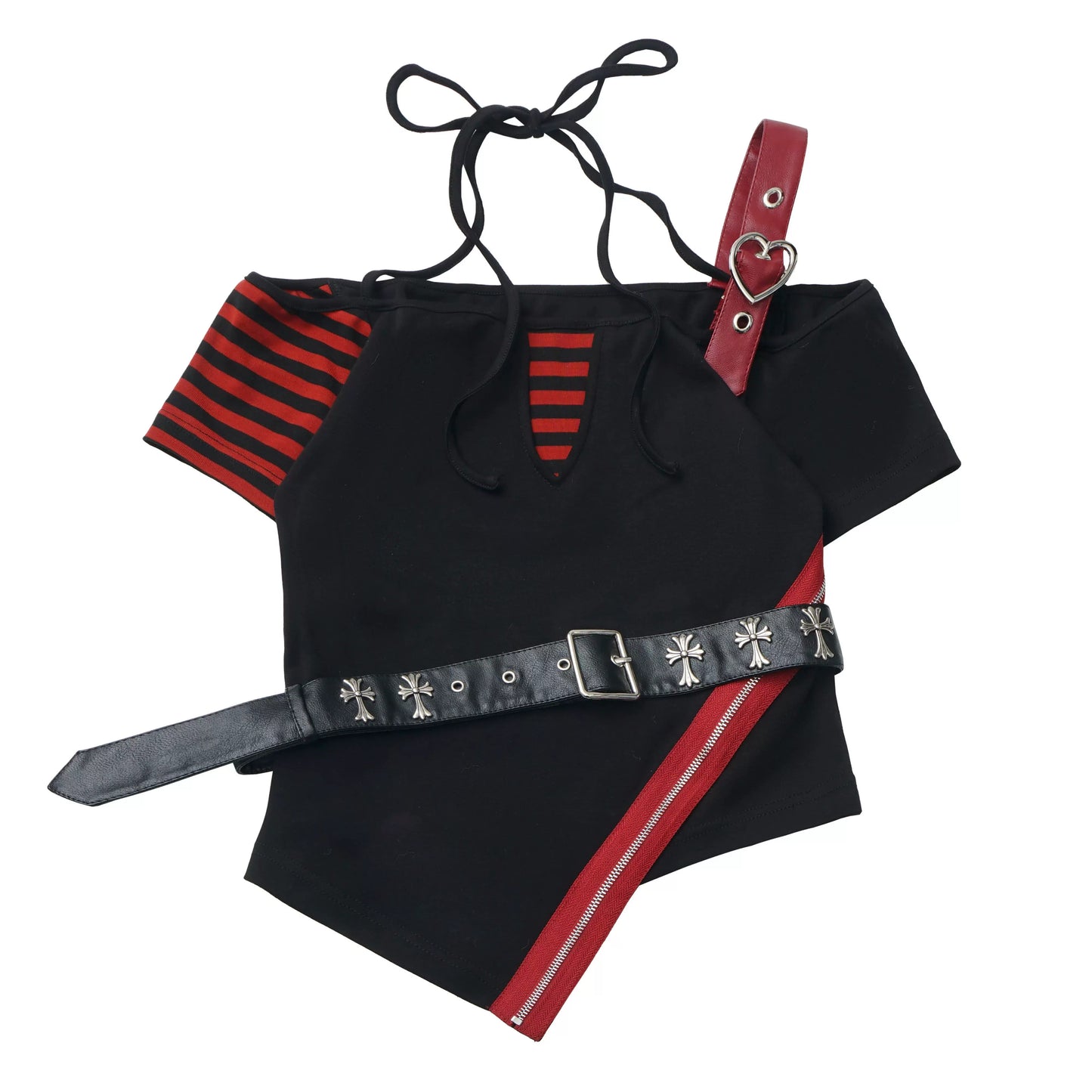 Heart Belt Off-Shoulder Punk Jirai Kei T-Shirt
