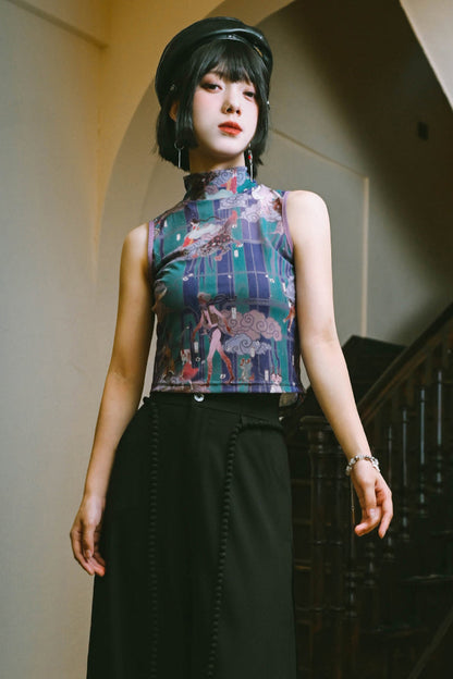 プリントメッシュハイネックノースリーブトップス