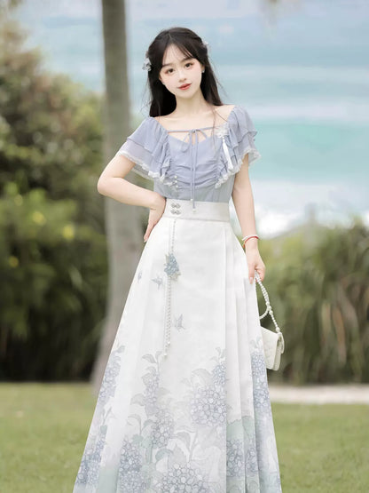 Hydrangea Letter Sweet China Ruffle Ruffle Ribbon Top Skirt Suit