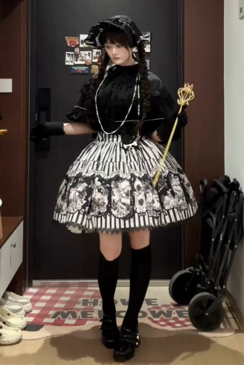 【10月3日予約締切】Black/White Elegant Gothic Series Accessories(Black Butterfly Print Striped Ribbon Hat, Black Rose Ribbon Brooch, Ribbon KC, Hair Clip Pair, Bonnet)