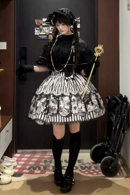 【10月3日予約締切】Black/White Elegant Gothic Series Accessories(Black Butterfly Print Striped Ribbon Hat, Black Rose Ribbon Brooch, Ribbon KC, Hair Clip Pair, Bonnet)