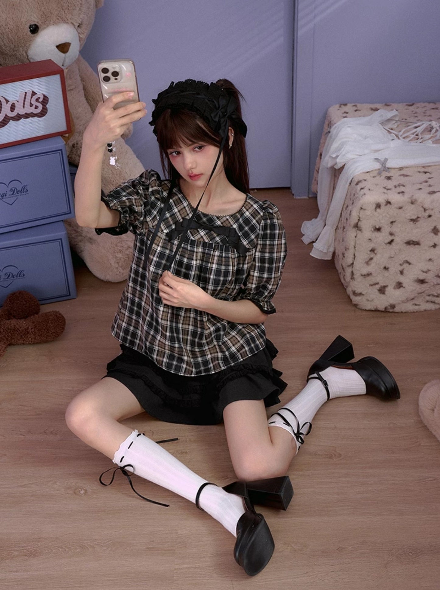 Dark Check Retro Ribbon Top