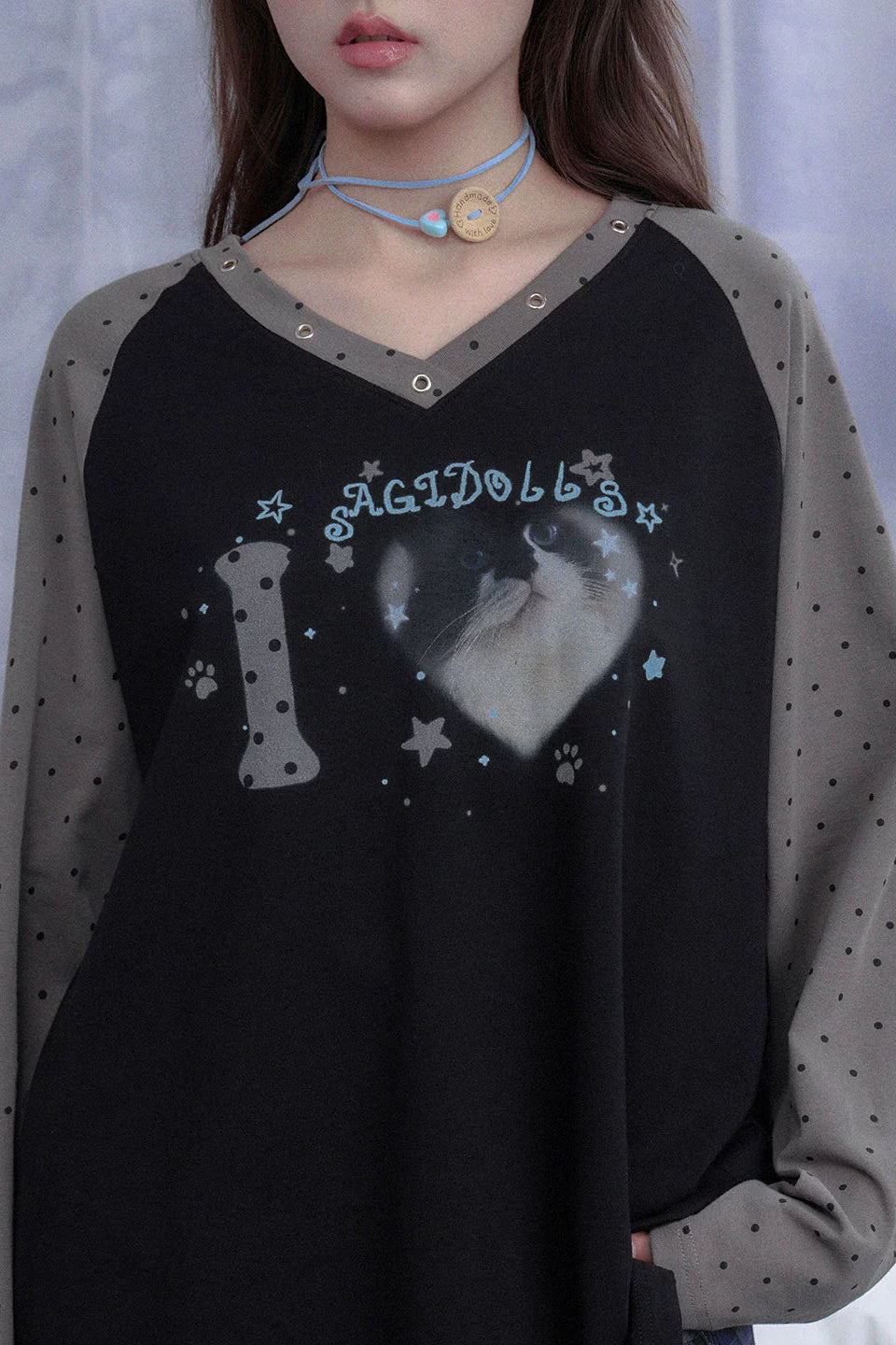 キャットプリントダークラグランロングスリーブトップス