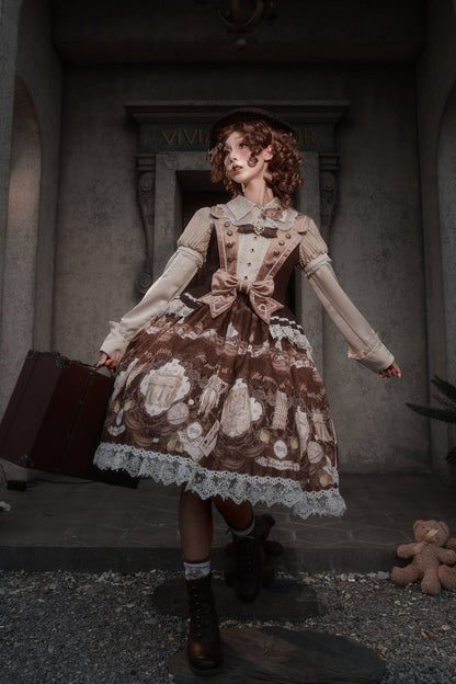 [Reservation Deadline: November 6] Navy Blue/Brown Classic Italian Travel Diary Lolita Vintage Print Bow Bustier JSK Dress with Metal Buttons & Lace Detail