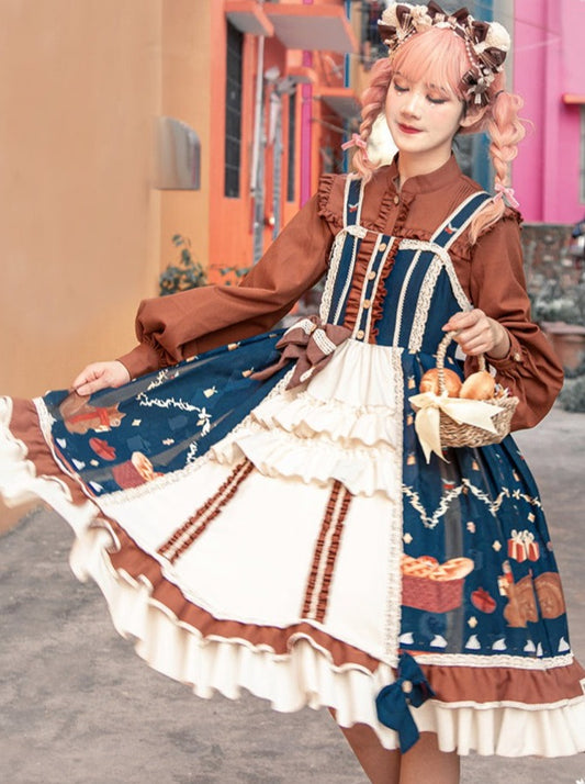 レトロスノージャンパースカート+エレガントブラウス