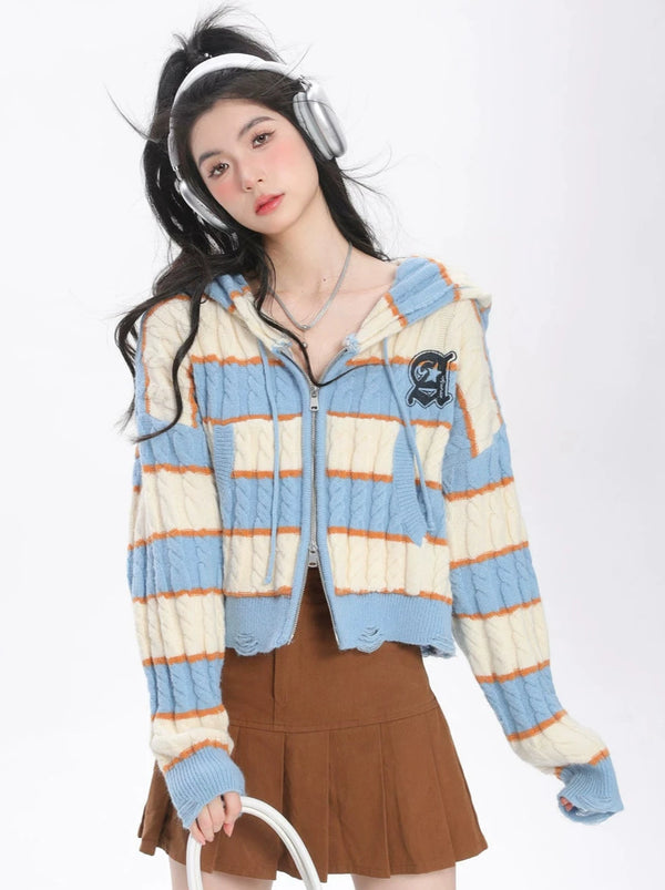 American Retro Striped Short Hooded Cardigan Knit