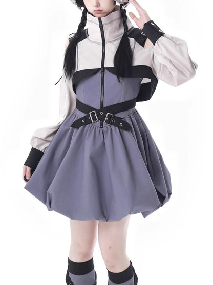 Virtual Function Blue White Short Dress Jumpsuit