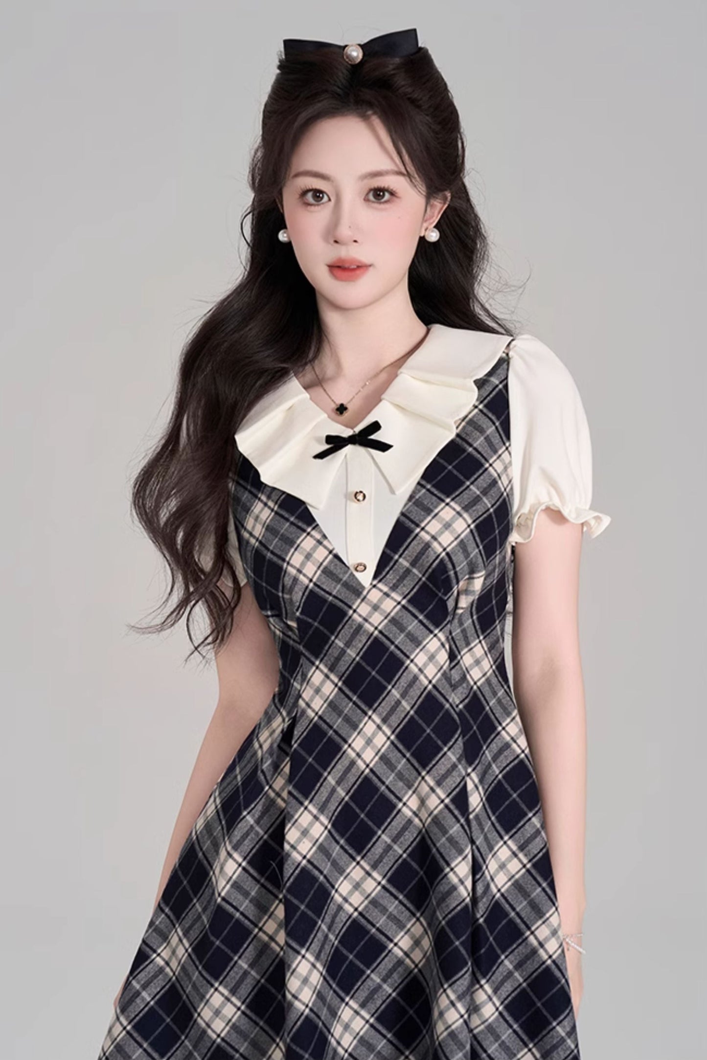 College Style Check Puff Sleeve Dress