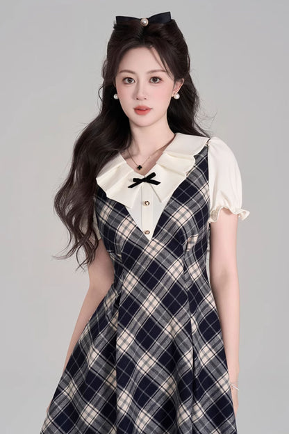 College Style Check Puff Sleeve Dress