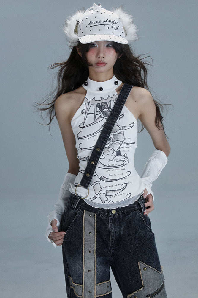 サブカルチャーホルターネックノースリーブトップス