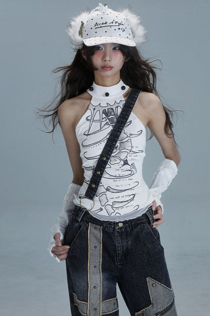 サブカルチャーホルターネックノースリーブトップス