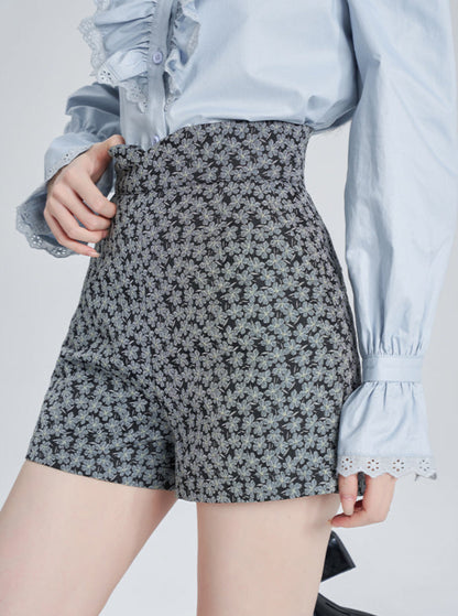 French Retro Blue Ruffle Shirt + Jacquard Shorts