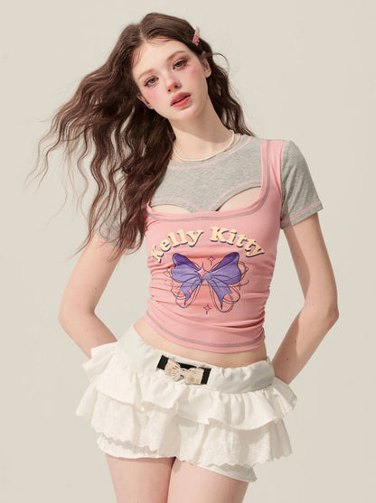 [5월 31일 20시 판매] 샤오도 눈 연인 vntage 가짜 두 개의 핑크색 티셔츠 여성용 여름 어깨