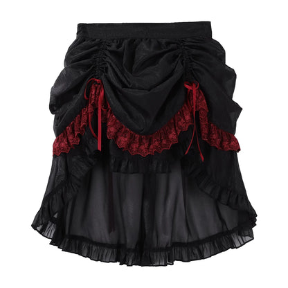 [Pre-order] Red and Black Dark Gothic Lolita Ruffle Slit Long Skirt + Pull-Up Overskirt