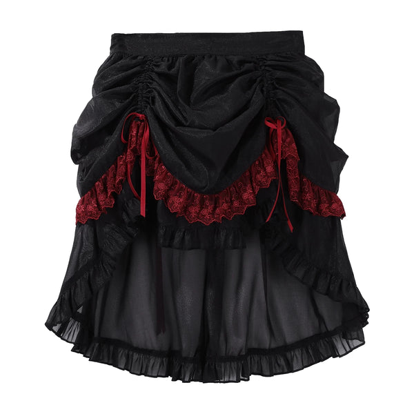 [Pre-order] Red and Black Dark Gothic Lolita Ruffle Slit Long Skirt + Pull-Up Overskirt