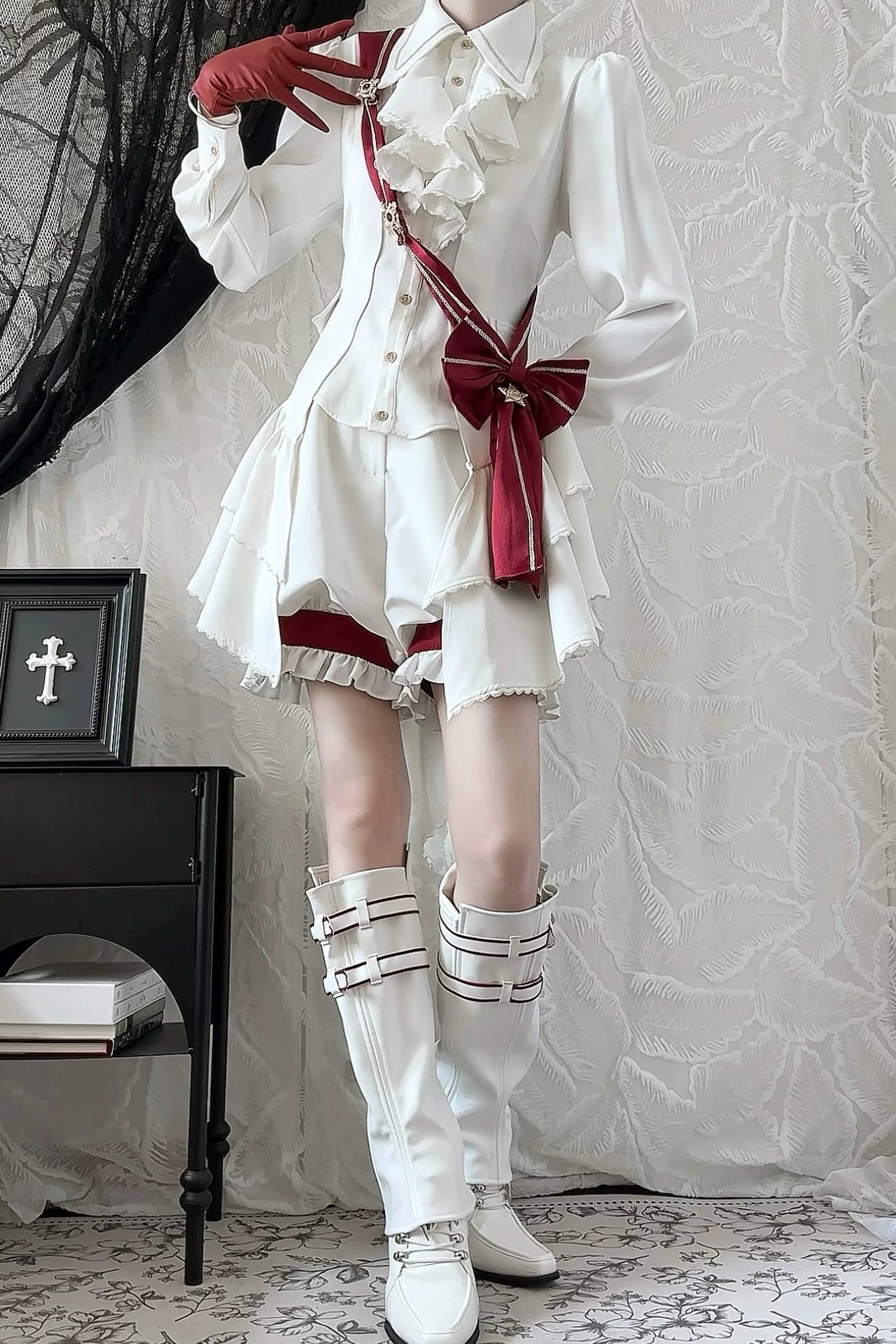 【9月13日予約締切】White Burgundy Military Ruffle Lolita Jacket (with epaulet bow) + Shirt + Short Skirt Set / Shorts Set + Complete set 1/2 (Officer cap + Leg covers + Sash)