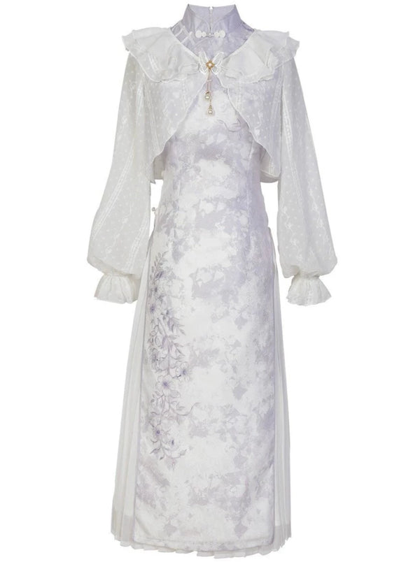 Sheer cardigan + flower china dress + pleated skirt