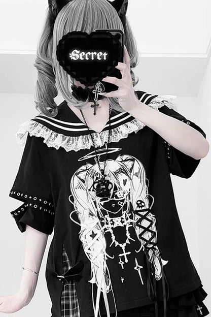 Lala-chan to the dark original design subculture print navy collar strappy top girl sweet cool outfit
