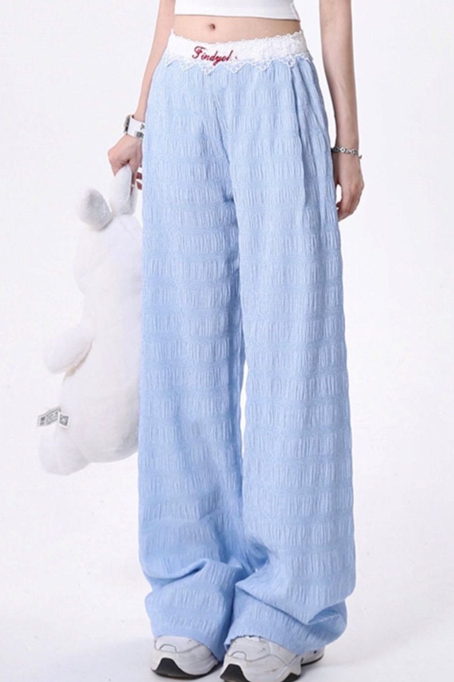 Cream Blue Lace Patchwork Straight Pants