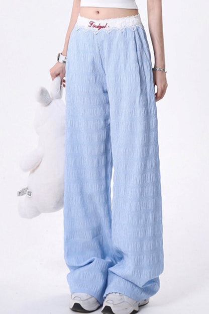 Cream Blue Lace Patchwork Straight Pants