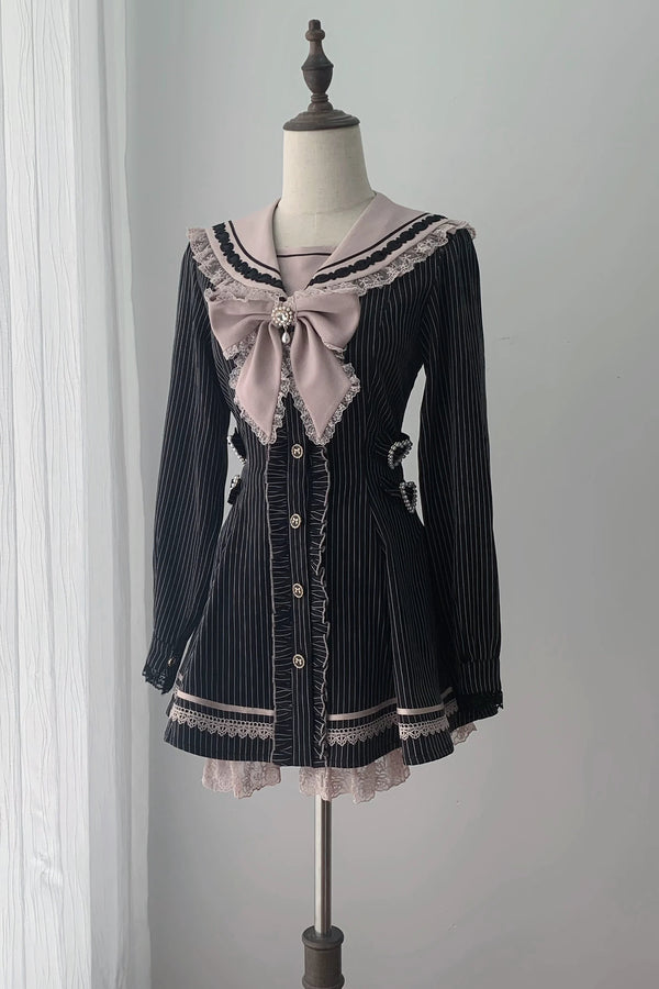 [Pre-order Deadline: September 29] Pink and Black Striped Frill Long-Sleeved Sailor Dress + Shorts + Jewel Bow Tie Set
