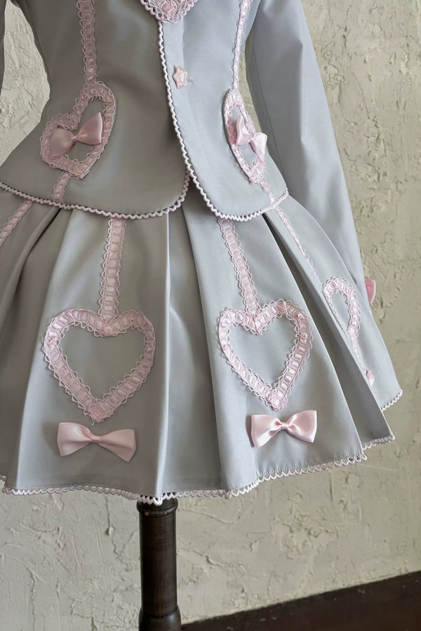 [Pre-order Deadline: June 28] Pink/Gray Vintage Lolita Heart Ribbon Tailored Jacket + Skirt + Tie