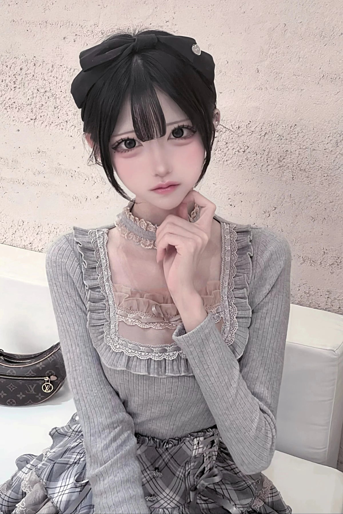 [Pre-order Deadline: October 15] Grey Pink Lace Trim Square Neck Choker Design Knit Top + Lace Trim Plaid Tiered Skirt
