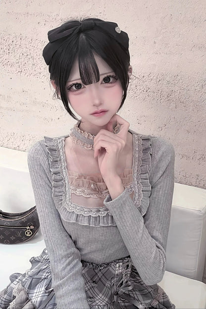 [Pre-order Deadline: October 15] Grey Pink Lace Trim Square Neck Choker Design Knit Top + Lace Trim Plaid Tiered Skirt
