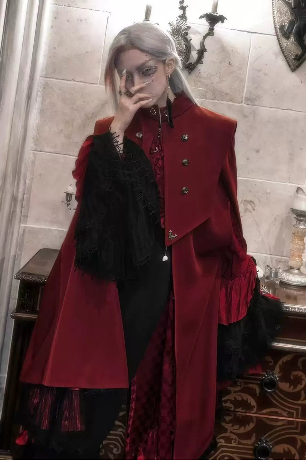 【9月5日予約締切】Dark Red/Dark Green Gothic Chain Layered Lace Cape Coat(Short Length/Long Length)