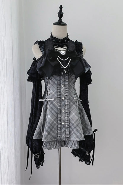 [Pre-order Deadline: October 30] Dark Gothic Black and Gray Plaid Cold-Shoulder Ribbon Lace Dress Set (Including Shorts, Bow Tie, Small Bows*1) + Chain Ribbon Accessories for Sleeves