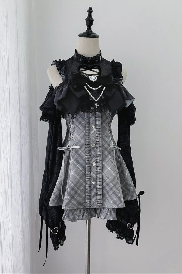 [Pre-order Deadline: October 30] Dark Gothic Black and Gray Plaid Cold-Shoulder Ribbon Lace Dress Set (Including Shorts, Bow Tie, Small Bows*1) + Chain Ribbon Accessories for Sleeves