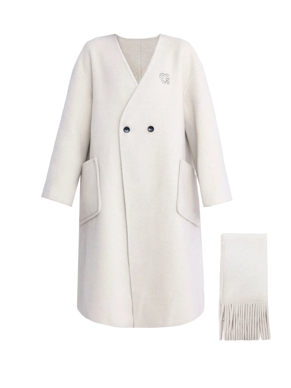 Handmade collarless wool coat with scarf