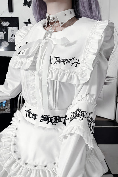 ライトアジアダークスリムロングスリーブトップス+フェイクエプロンショートスカート