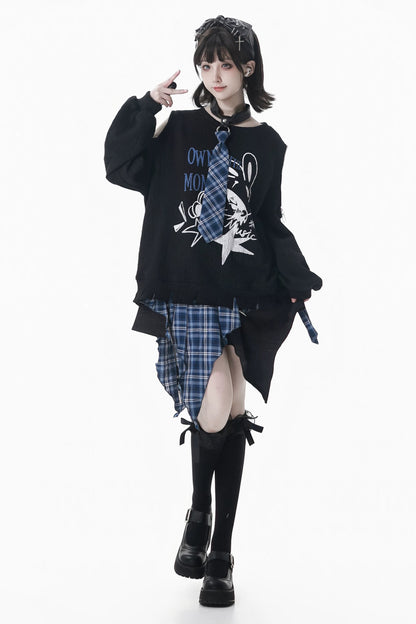 オフショルダースウェットトップス+アシメスカート+ロングパンツ